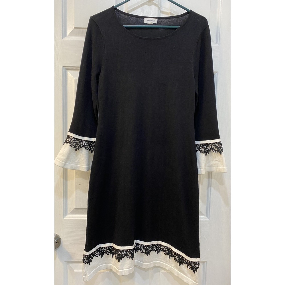 Calvin Klein Long Bell Sleeve Sweater Dress Classy Crochet Trim Women's Size M